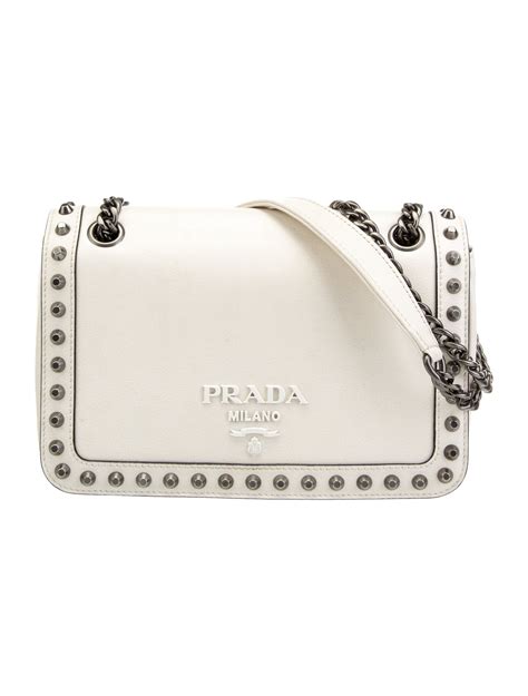 Prada Etiquette Pattina Bianco White Glace Calf Leather Studded 